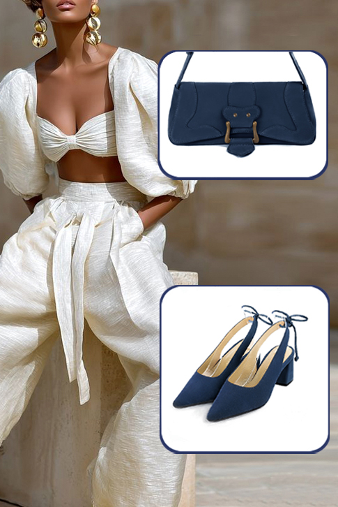 Dress slingback heels in navy blue leather with medium flare heels and pointed toe - Worn view